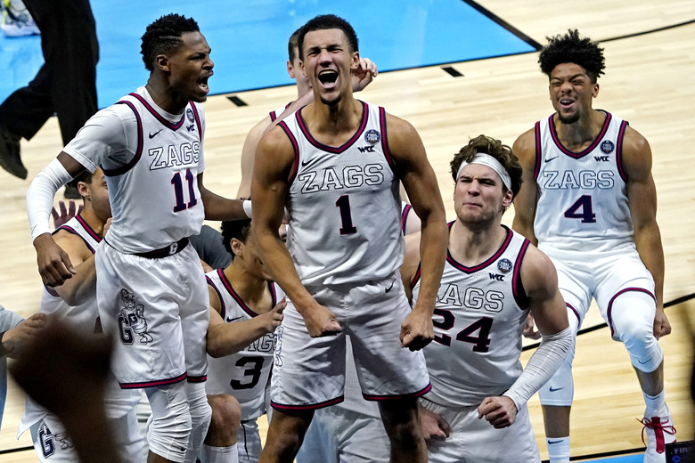 Apr 3, 2021; Indianapolis, Indiana, USA; Gonzaga Bulldogs guard Jalen Suggs (1) celebrate making the game winning shot against the UCLA Bruins in the national semifinals of the Final Four of the 2021 NCAA Tournament at Lucas Oil Stadium. Mandatory Credit: Robert Deutsch-USA TODAY Sports