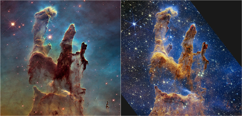 Hubble Space Telescope images of the Pillars of Creation from 1995 (left) and 2014 (right).