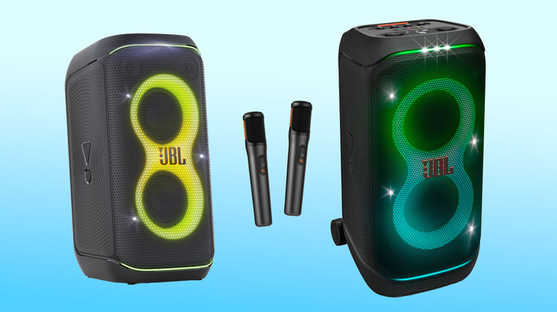 JBL PartyBox 120 (left), JBL PartyBox Wireless Mic bundle (center) and JBL PartyBox 320.