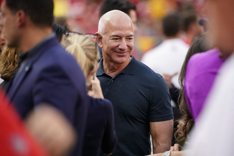 Sep 15, 2022; Kansas City, Missouri, USA; Amazon executive chairman Jeff Bezos in attendance before the Kansas City Chiefs play against the Los Angeles Chargers at GEHA Field at Arrowhead Stadium. Mandatory Credit: Jay Biggerstaff-USA TODAY Sports