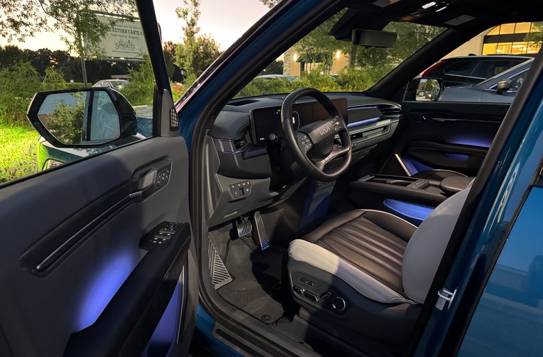 The EV9 is chock full of ambient lighting at night.