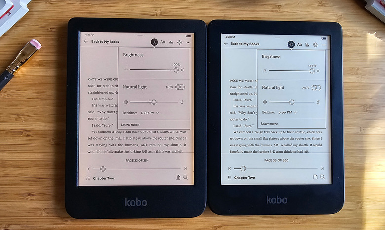 Comparing the two generations at the same settings. Kobo Clara Colour (left) is warmer and slightly dimmer at 100% than the Kobo Clara 2E (right).