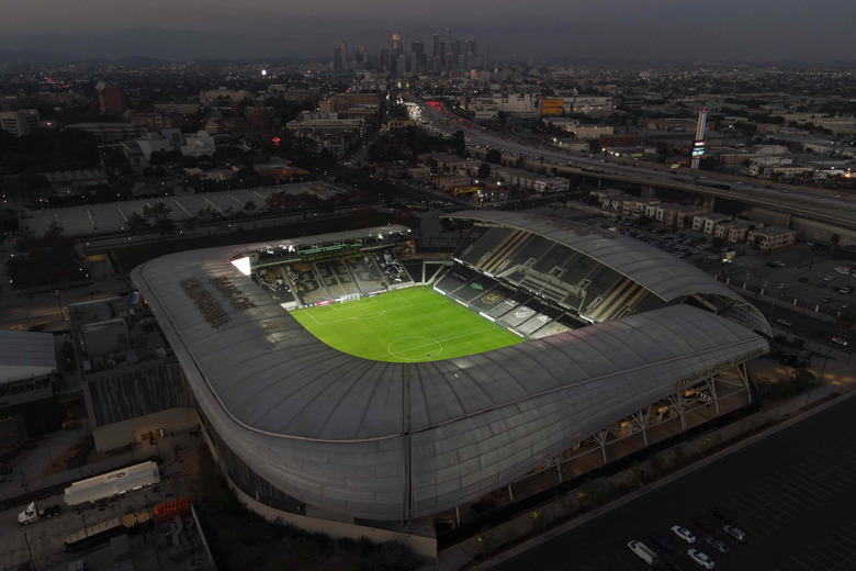 Oct 28, 2020; Los Angeles, CA, Los Angeles, CA, USA; A general view of Banc of California Stadium and the downtown skyline before a game between the Houston Dynamo and the LAFC. Mandatory Credit: Kirby Lee-USA TODAY Sports