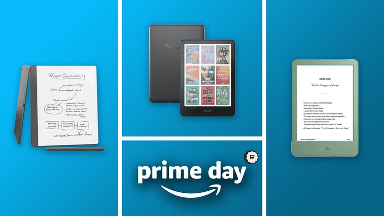 Amazon Prime Day Kindle deals shows three different kindles, the standard model, the Colorsoft and the Scribe