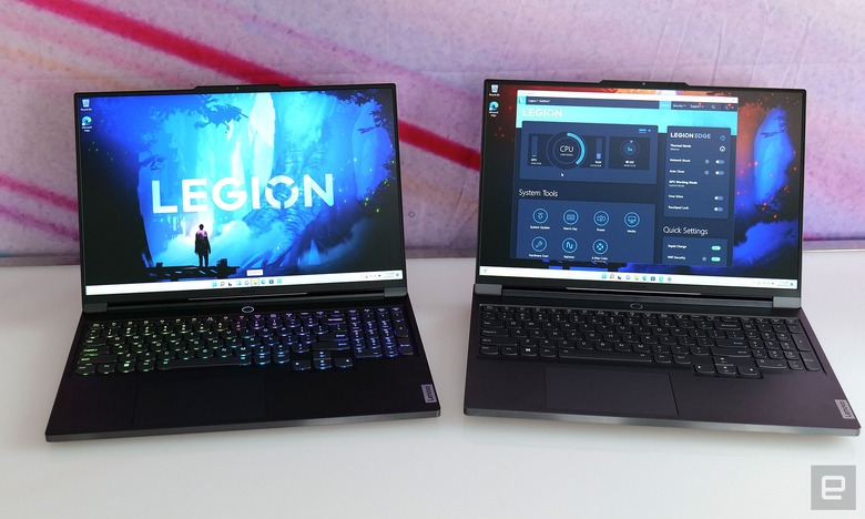 While both systems have very similar designs, the Legion 7 Slim (left) weighs about a pound less but lacks support for some of the standard model's top-end components and most of its RGB lighting.
