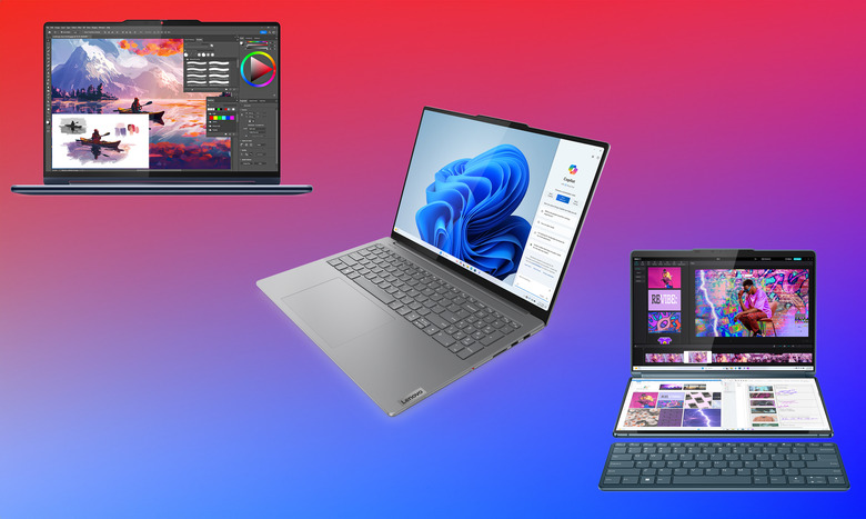 Three Lenovo laptops against a blue-purple background