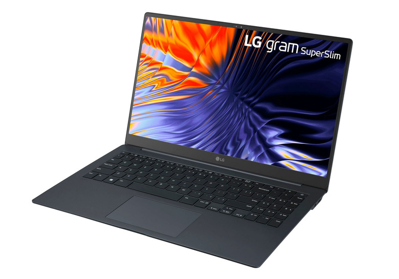 A press image of the LG Gram SuperSlim laptop in black, sitting open against a white background.