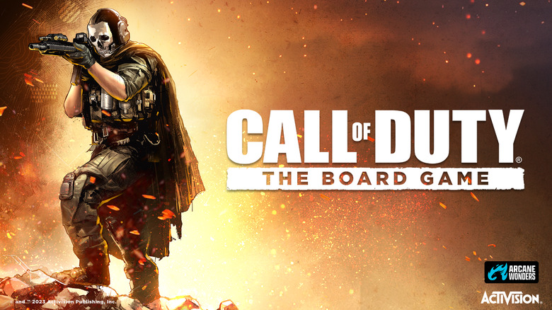 Call of Duty character Ghost looks down the sights of a gun. On the right is a logo for Call of Duty: The Board Game. In the bottom right are logos of Arcane Wonders and Activision.