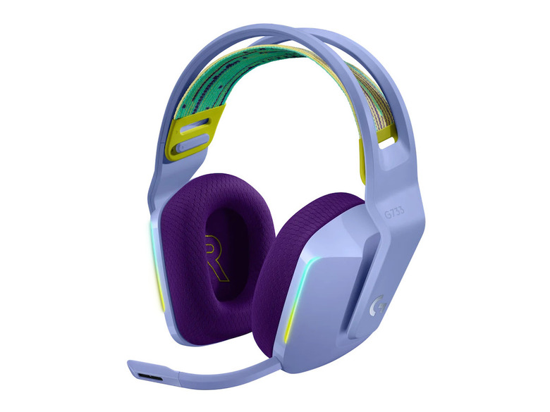 Purple headphones with a green band. 