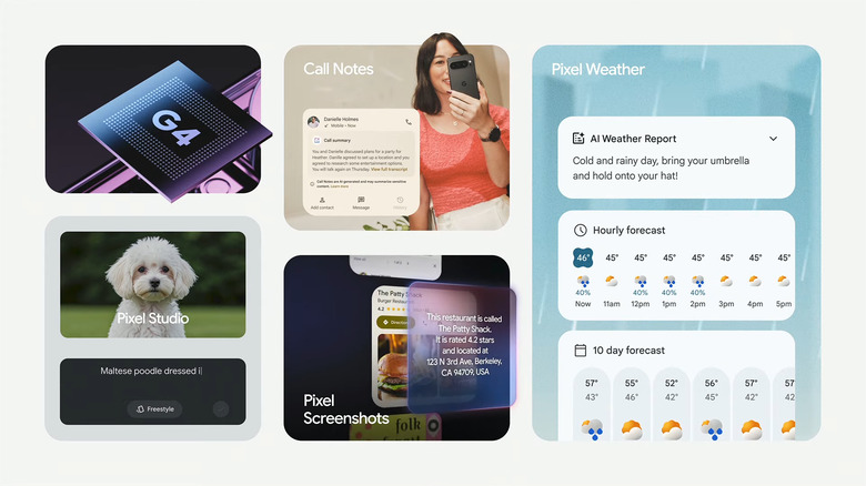 The new Pixel software features announced at the Google event.