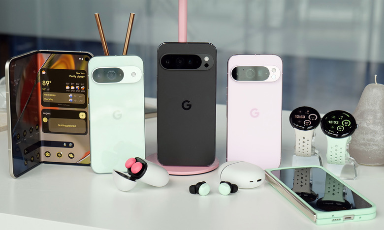 All the hardware announced during Google's annual Pixel hardware event is arranged on a white table and look quite shiny and new in black and pastel hues. 