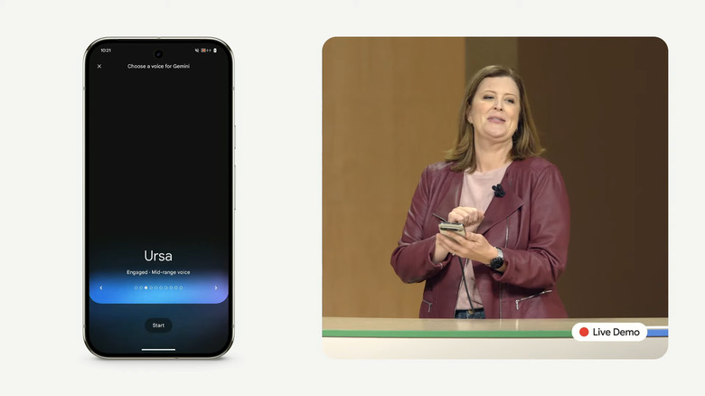 Jenny Blackburn demoing Gemini Live, which lets you choose a voice before you get started.