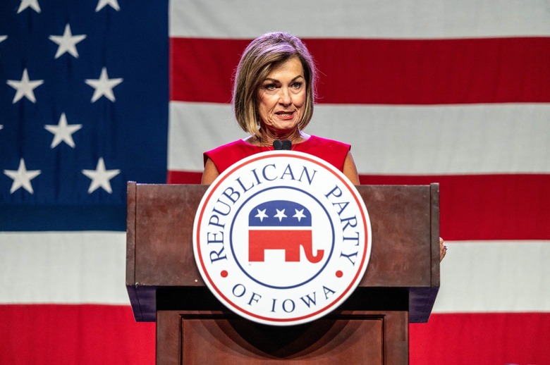 Iowa Governor Kim Reynolds speaks at the Republican Party of Iowa's 2023 Lincoln Dinner at the Iowa Events Center in Des Moines, Iowa, on July 28, 2023. (Photo by Sergio FLORES / AFP) / 