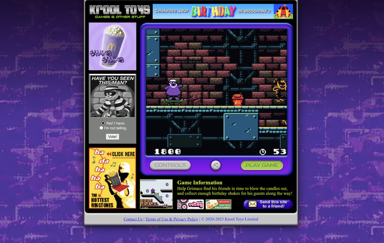 A screenshot McDonald's Grimace Game Boy game showing Grimace on a skateboard against a 2D pixel background of red bricks and exposed pipes.
