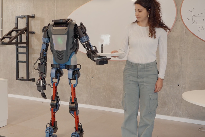 A lady handing a robot a plate.