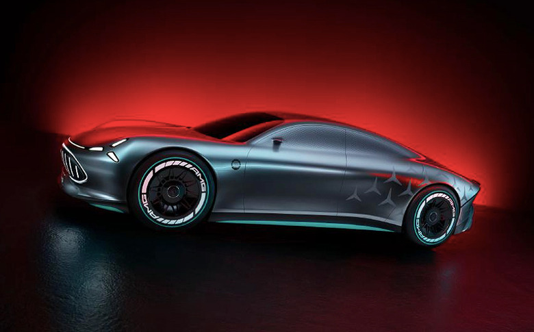 A rendering of the upcoming Mercedes-AMG Vision AMG sports car against a red and black background.