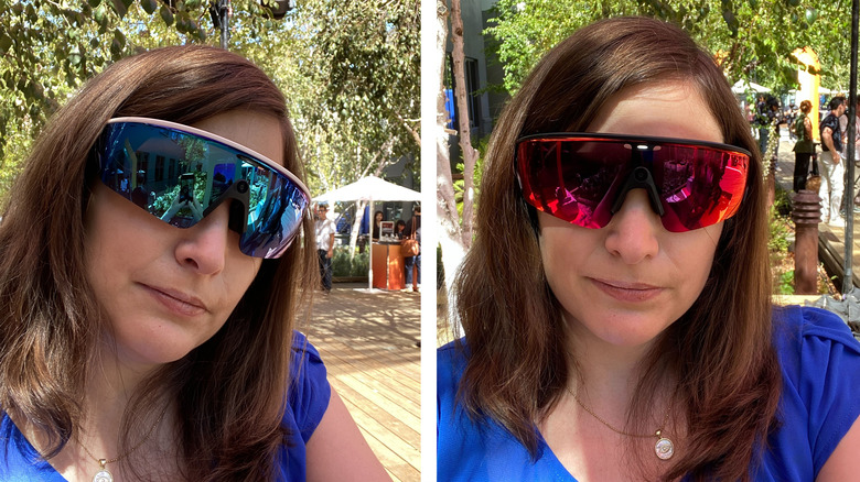 Two images of a woman wearing the Oakley Vanguard glasses in different colors.