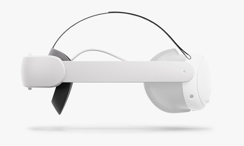 Product marketing image of the Meta Quest 3 Elite Strap with Battery. The (back-facing) accessory, connected to the (front-facing) VR headset, has a bulging battery on its back. White background.