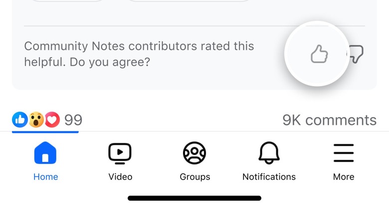 The new Community Notes rating prompt Meta is testing in Facebook, with the Thumbs Up selection highlighted.
