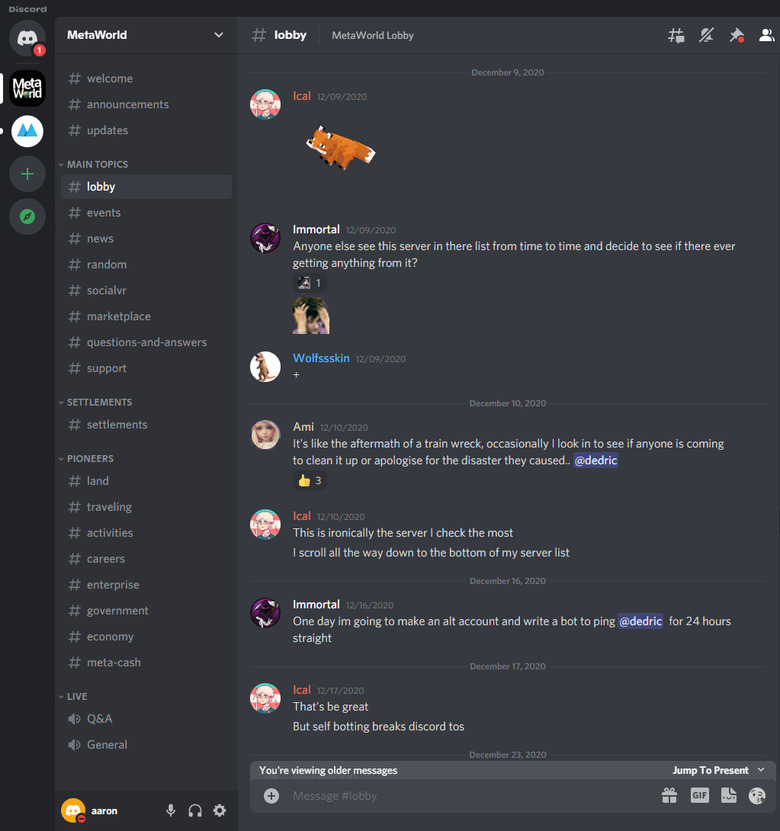 Users commiserating on the original Discord server in 2020. (Enlarge)