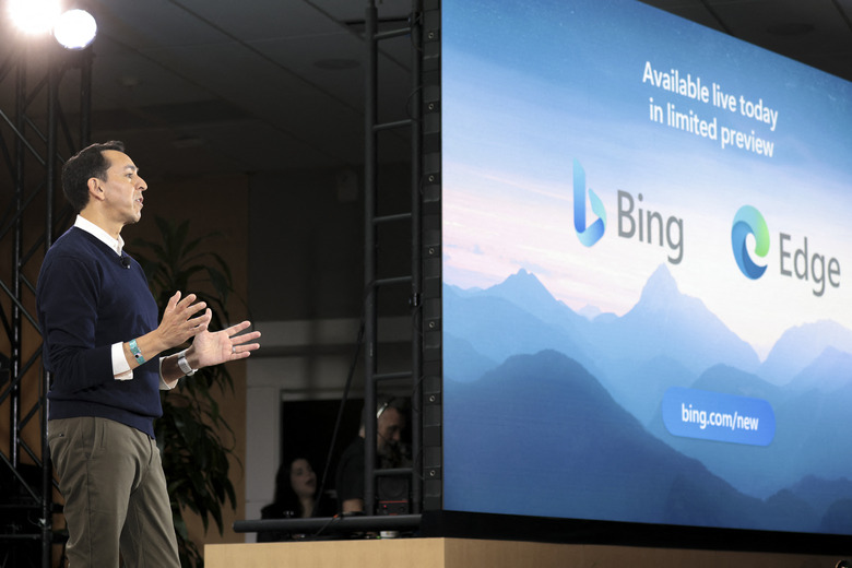 Yusuf Mehdi, Microsoft Corporate Vice President of Modern Life, Search, and Devices speaks during an event introducing a new AI-powered Microsoft Bing and Edge at Microsoft in Redmond, Washington on February 7, 2023. - Microsoft's long-struggling Bing search engine will integrate the powerful capabilities of language-based artificial intelligence, CEO Satya Nadella said, declaring what he called a new era for online search. (Photo by Jason Redmond / AFP) (Photo by JASON REDMOND/AFP via Getty Images)
