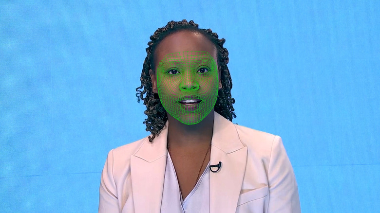 A green wireframe model covers an actor's lower face during the creation of a synthetic facial reanimation video, known alternatively as a deepfake, in London, Britain February 12, 2019. Picture taken February 12, 2019. Reuters TV via REUTERS