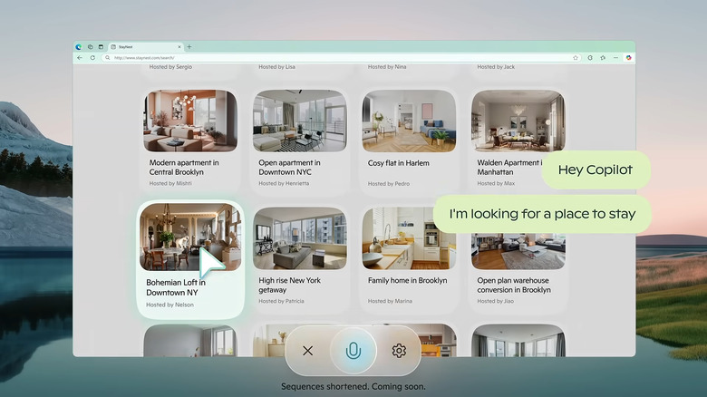Demo sequence of Copilot Vision. A website with NYC lofts is visible in the Edge browser. Overlaid chat bubbles show a dialog: 