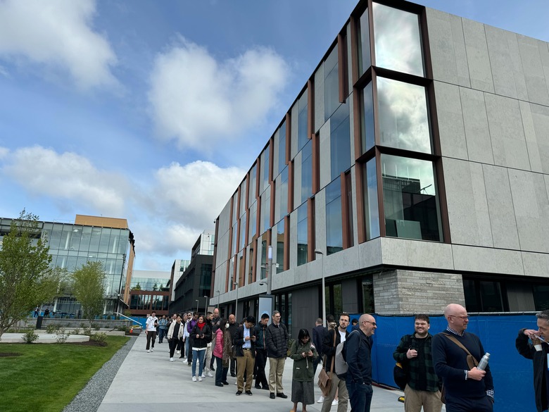 A line of people waiting to get inside Microsoft's event space.
