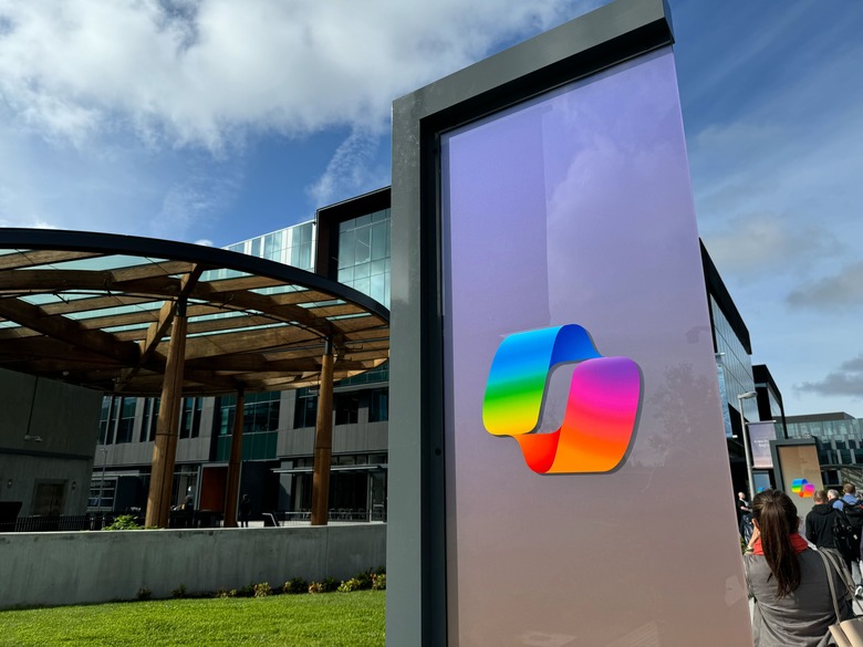 A panel with the Copilot logo at Microsoft's campus.
