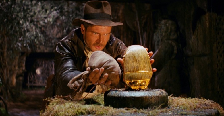 Indiana Jones prepares to swap a golden idol for a weighted bag in Raiders of the Lost Ark.