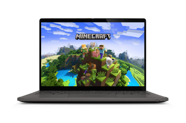 Minecraft key art displayed on a Chromebook