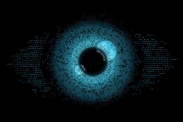 Digital eye, data network and cyber security technology, vector background. Futuristic tech of virtual cyberspace and internet secure surveillance, binary code digital eye or safety scanner