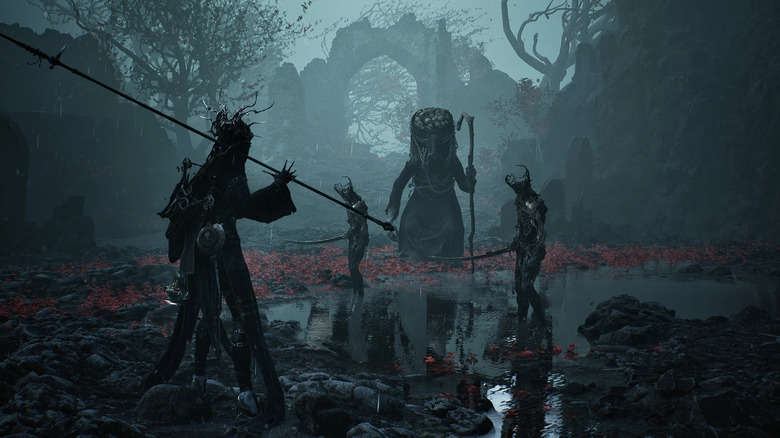 A Shell from Mortal Shell II fighting some monsters.