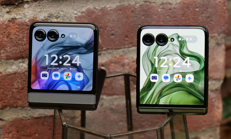 Both versions of the 2024 Razr have larger exterior displays. The easiest way to tell them apart is that the standard Razr (left) has a small body-colored strip below its screen while the Razr+ (right) has a larger 4-inch panel.