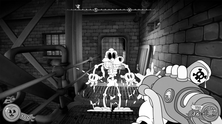 Still from the game Mouse: P.I. for Hire. FPS view into a cartoon world. A character melts after being zapped with a turpentine gun.
