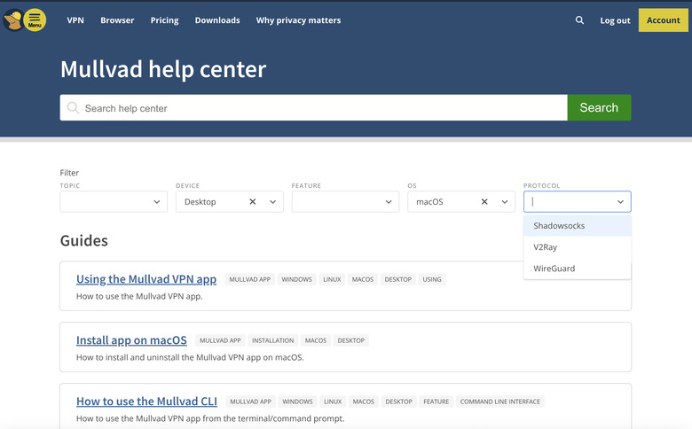 Mullvad's help center, including the dropdown filter menus.
