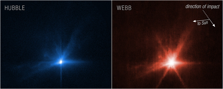 Images of NASA's DART spacecraft colliding with an asteroid, as captured by the Hubble and JWST space telescopes. 