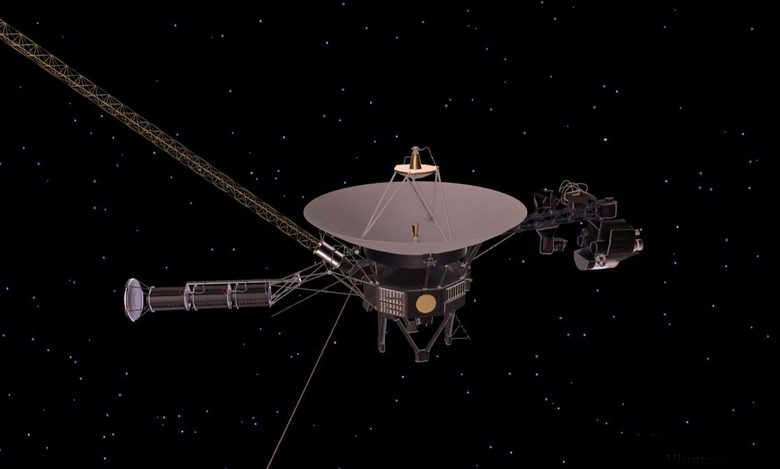 A graphic rendering of Voyager 1 seen in space.