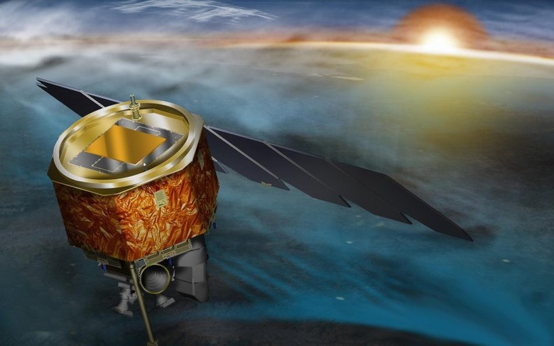 An artist's rendering of NASA's AIM spacecraft in orbit around the Earth. 