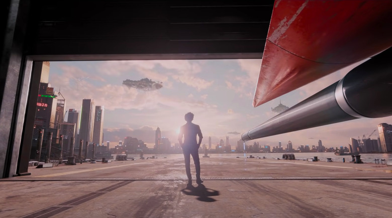 A still from the live action 'Cowboy Bebop' series showing a man silhouetted against the sun in an open warehouse bay doorway with a city and spaceships in the distance.
