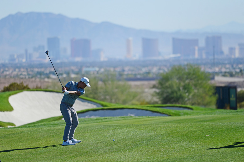 Oct 14, 2021; Las Vegas, Nevada, USA; Collin Morikawa hits on the third fairway during the first round of the CJ Cup golf tournament. Mandatory Credit: Joe Camporeale-USA TODAY Sports