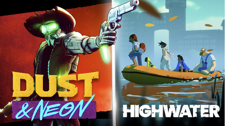 Key art for 'Dust & Neon' and 'Highwater,' two upcoming games from publisher Rogue Games.