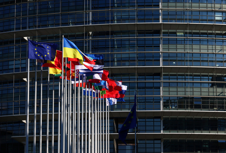 Flags flutter outside of the European Parliament in Strasbourg, France June 12, 2023.  REUTERS/Yves Herman