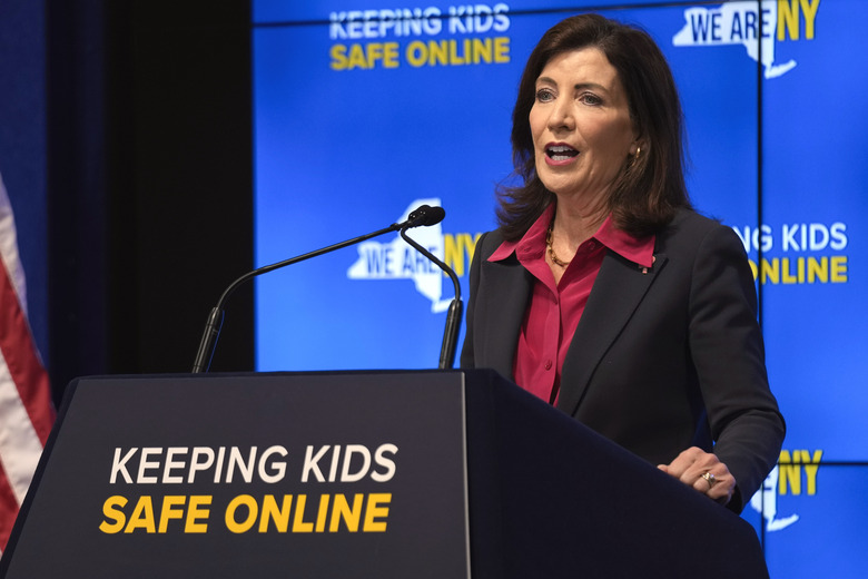 FILE — New York Gov. Kathy Hochul speaks during a news conference in New York, Oct. 11, 2023. New York Gov. Kathy Hochul signed a bill, Thursday, June 20, 2024, that would allow parents to block their children from getting social media posts suggested by a platform's algorithm, a move to limit feeds critics argue are addictive. (AP Photo/Seth Wenig, File)