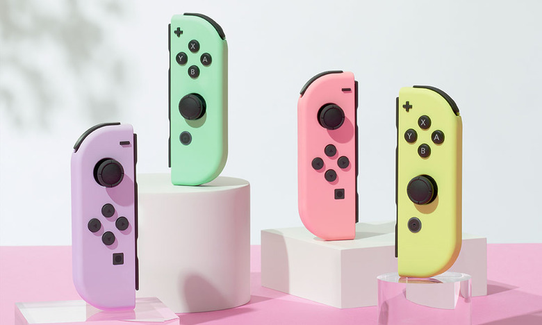 The pastel pink left Joy-Con (second from the right), launched last summer, looks an awful lot like Peach's tribute set.