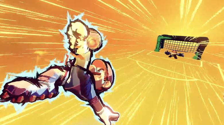 Mario kicks a soccer ball toward a goal. 