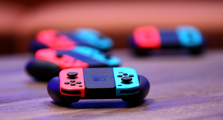 LAS VEGAS, NEVADA - MARCH 24: Nintendo Joy-Con wireless controllers for the Nintendo Switch are displayed during the debut of Allied Esports' 