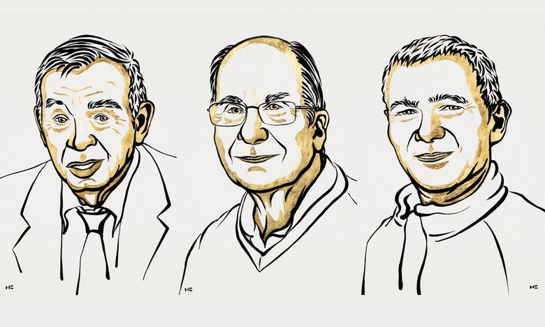 Simple sketches of the three 2023 Nobel Prize in Chemistry winners: Alexei I. Ekimov, Louis E. Brus and Moungi G. Bawendi.