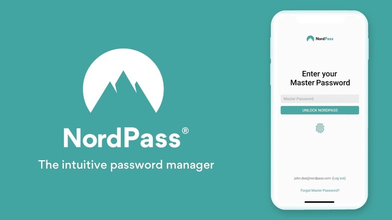 NordPass logo and a screenshot of the mobile app, which users the user to enter their master password.