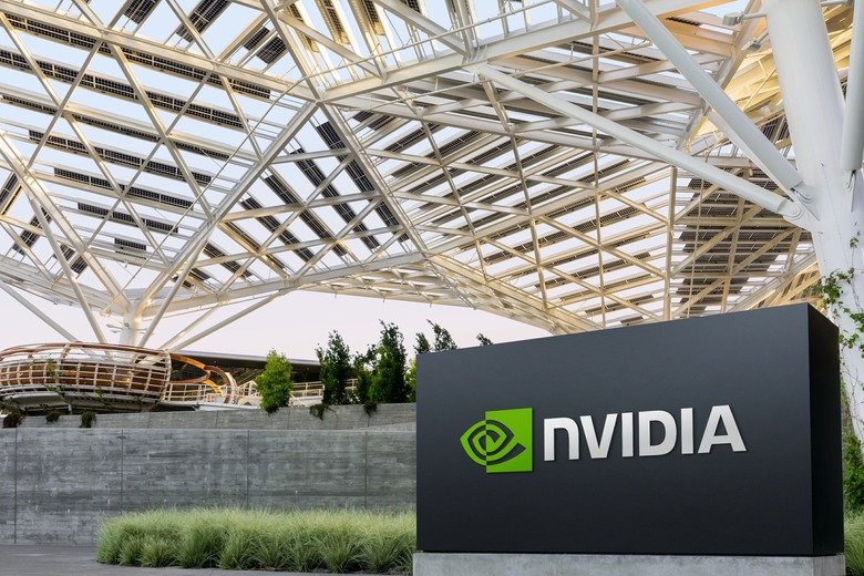 View of Nvidia headquarters, featuring modern design with a company logo sign in the foreground.